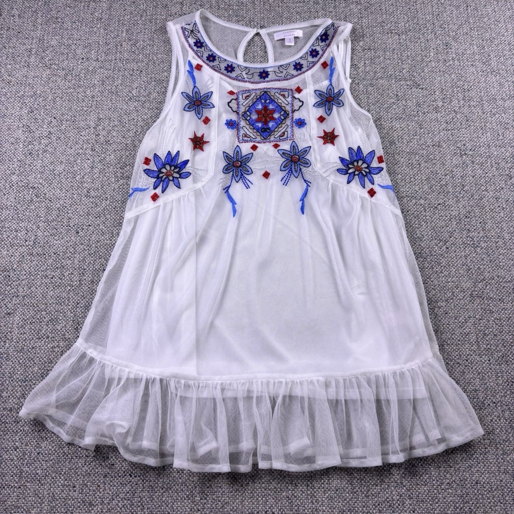 LC Lauren Conrad Embroidered Mesh Tank Top Blouse Womens Boho Ruffle White Sz S